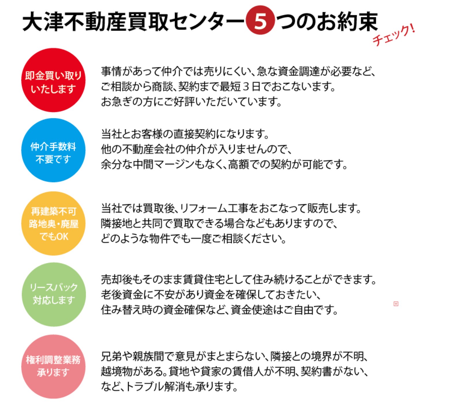 大津不動産買取センター ５ つのお約束  ・即金買い取りいたします 事情があって仲介では売りにくい、急な資金調達が必要など、 ご相談から商談、契約まで最短３日でおこないます。 お急ぎの方にご好評いただいています。  ・仲介手数料不要です 当社とお客様の直接契約になります。 他の不動産会社の仲介が入りませんので、 余分な中間マージンもなく、高額での契約が可能です。  ・再建築不可路地奥・廃屋でもOK 当社では買取後、リフォーム工事をおこなって販売します。 隣接地と共同で買取できる場合などもありますので、 どのような物件でも一度ご相談ください。  ・リースバック対応します 売却後もそのまま賃貸住宅として住み続けることができます。 老後資金に不安があり資金を確保しておきたい、 住み替え時の資金確保など、資金使途はご自由です。  ・権利調整業務承ります 兄弟や親族間で意見がまとまらない、隣接との境界が不明、 越境物がある。貸地や貸家の賃借人が不明、契約書がない、 など、トラブル解消も承ります。