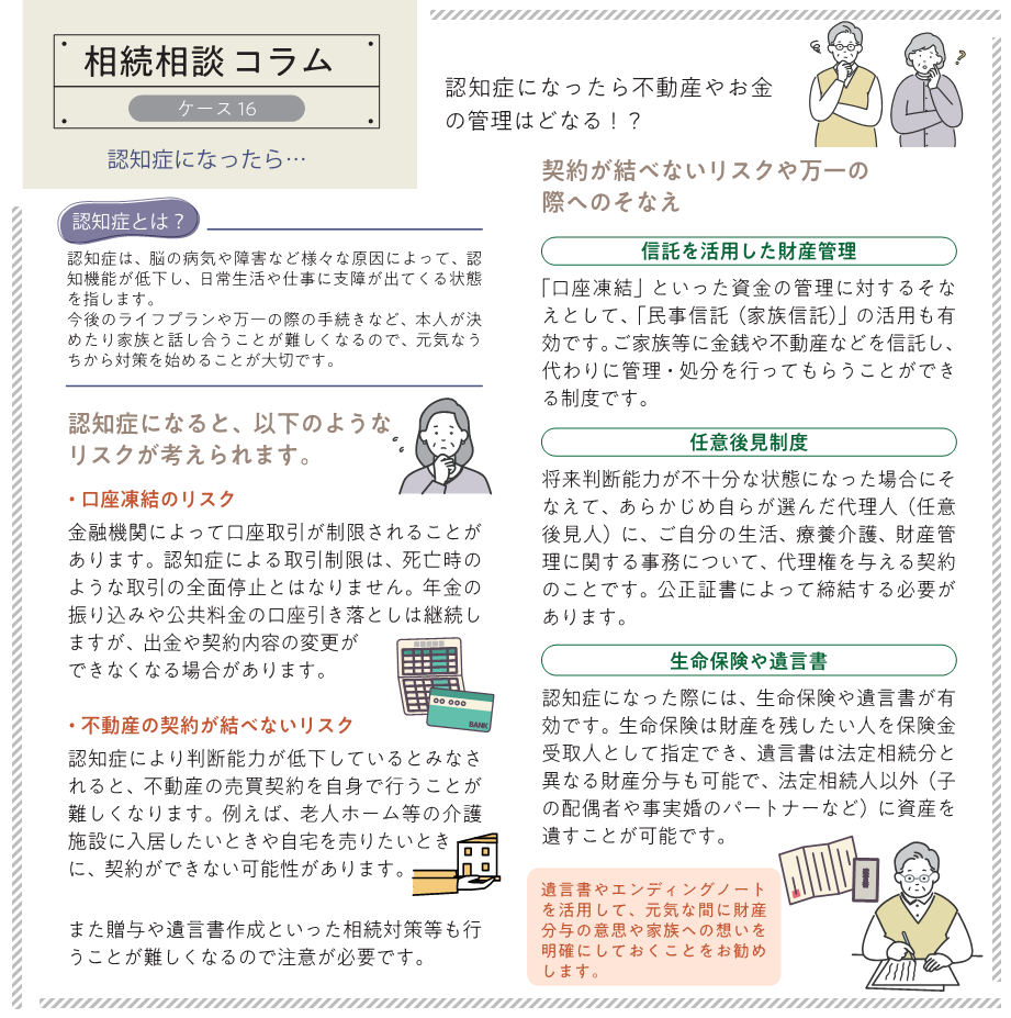認知症は、脳の病気や障害など様々な原因によって、認知機能が低下し、日常生活や仕事に支障が出てくる状態を指します。今後のライフプランや万一の際の手続きなど、本人が決めたり家族と話し合うことが難しくなるので、元気なうちから対策を始めることが大切です。  認知症になると、以下のようなリスクが考えられます。  ・口座凍結のリスク 金融機関によって口座取引が制限されることがあります。認知症による取引制限は、死亡時のような取引の全面停止とはなりません。年金の振り込みや公共料金の口座引き落としは継続し ますが、出金や契約内容の変更ができなくなる場合があります。 ・不動産の契約が結べないリスク 認知症により判断能力が低下しているとみなされると、不動産の売買契約を自身で行うことが難しくなります。例えば、老人ホーム等の介護施設に入居したいときや自宅を売りたいときに、契約ができない可能性があります。また贈与や遺言書作成といった相続対策等も行うことが難しくなるので注意が必要です。  契約が結べないリスクや万一の際へのそなえ  ・信託を活用した財産管理 「口座凍結」といった資金の管理に対するそなえとして、「民事信託（家族信託）」の活用も有効です。ご家族等に金銭や不動産などを信託し、代わりに管理・処分を行ってもらうことができ る制度です。 ・任意後見制度 将来判断能力が不十分な状態になった場合にそなえて、あらかじめ自らが選んだ代理人（任意後見人）に、ご自分の生活、療養介護、財産管理に関する事務について、代理権を与える契約 のことです。公正証書によって締結する必要があります。 ・生命保険や遺言書 認知症になった際には、生命保険や遺言書が有効です。生命保険は財産を残したい人を保険金受取人として指定でき、遺言書は法定相続分と異なる財産分与も可能で、法定相続人以外（子 の配偶者や事実婚のパートナーなど）に資産を遺すことが可能です。  遺言書やエンディングノートを活用して、元気な間に財産分与の意思や家族への想いを明確にしておくことをお勧めします。